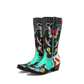 Denim Western Shoes Women's Leather Boots Exquisite Embroidery - Phosgene