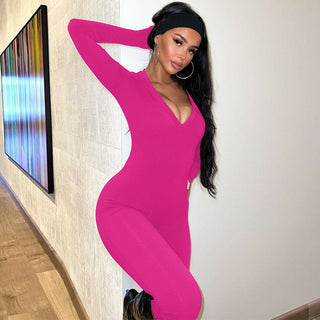 Solid Color Slim Fit Sports Long Sleeve Jumpsuit - Phosgene