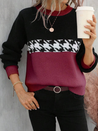 Contrast Color Pullover Round Neck Knitted Sweater - Phosgene