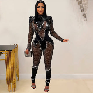 Wear Pure Color Mesh Rhinestone Long-sleeved Trousers Jumpsuit - Phosgene