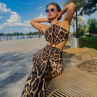 Women's Summer Sexy Leopard Print Halter Backless Hip Dress - Phosgene