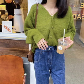 Knitted Cardigan Vintage Avocado Green V-neck Lazy Style Sweater - Phosgene