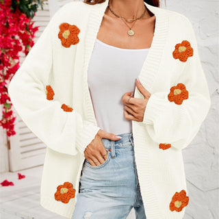 Women's Fashion Casual Flower Cardigan Lantern Sleeve Sweater Coat - Phosgene