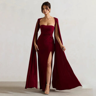 Square Collar Mop Long Sleeve High Slit Solid Color Dress - Phosgene