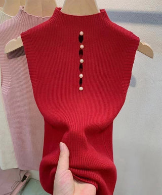 High-necked Decorative Button Sleeveless Knitwear Sexy Hot Girl Suit Base Vest Sweater Women - Phosgene