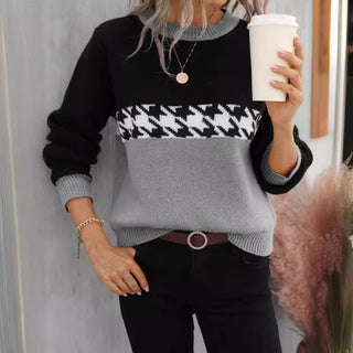 Contrast Color Pullover Round Neck Knitted Sweater - Phosgene