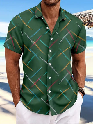 Summer New Men's Striped Feather Casual Beach Short Sleeve Button Shirt Phosgene