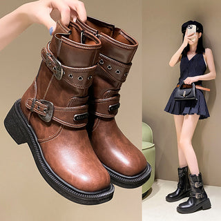 Brown Women's Ankle Boots Retro Square Toe - Phosgene