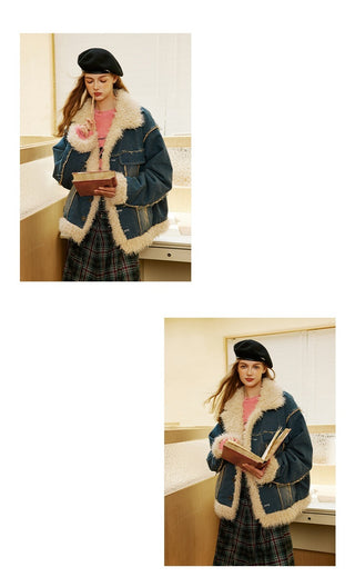 Blue Denim Fur Collar Coat Women's Retro Cotton - Phosgene