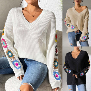 Autumn And Winter Crochet Stitching V-neck Pullover Sweater - Phosgene