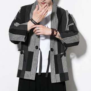 Chinese Style Summer Men's Striped Cotton Linen Vintage Cardigan Phosgene