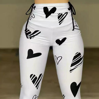 Drawstring Heart Print Yoga Sports Hip-hop Fitness Leggings - Phosgene