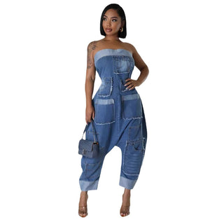 Denim Cargo Pants Multi-pocket Stitching Washed Loose Sleeveless Jumpsuit - Phosgene