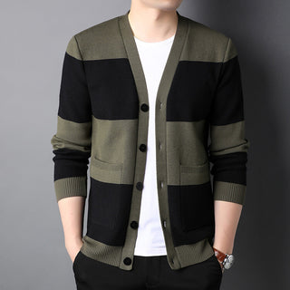 Spring And Autumn New Men's Striped Cardigan Single-breasted Long Sleeve Color Matching Casual Sweater Coat - Phosgene