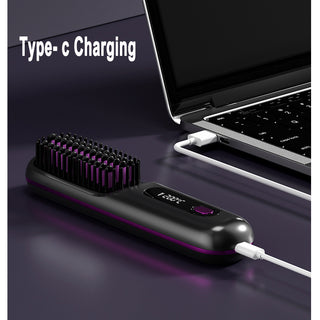 2 In 1 Straight Hair Comb Wireless Hair Straightener Brush Hair Fast Heating Portable Hot Curler USB Charging - Phosgene