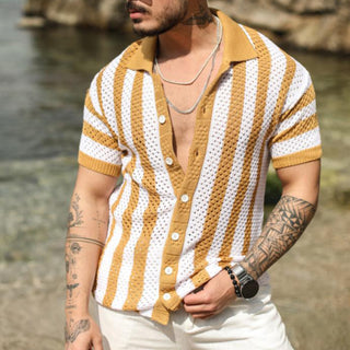 New Men's Casual Loose Striped Cardigan Polo Shirt Short Sleeve Phosgene