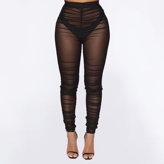 Tight Pleated Mesh See-Through Leggings - Phosgene