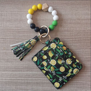 Fashion Beaded Bracelet Girls Small Wallet Lemon Printing Card Holder Silicone Beads Bracelet Keychain Credit Phosgene