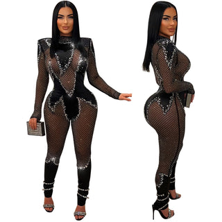 Wear Pure Color Mesh Rhinestone Long-sleeved Trousers Jumpsuit - Phosgene