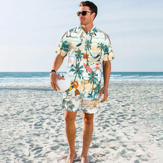 Men's Beach Travel Printed Cool Shorts Shirt Double-layer Two-piece Set Phosgene