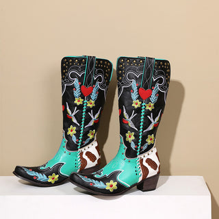 Denim Western Shoes Women's Leather Boots Exquisite Embroidery - Phosgene