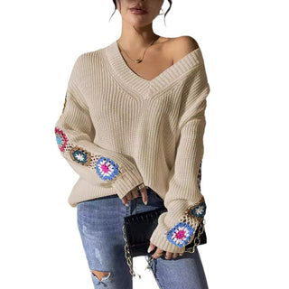 Autumn And Winter Crochet Stitching V-neck Pullover Sweater - Phosgene