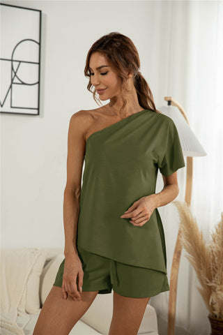 Off-the-shoulder Short Sleeve Sloping-shoulder Off The-shoulder Casual Two-piece Suit - Phosgene