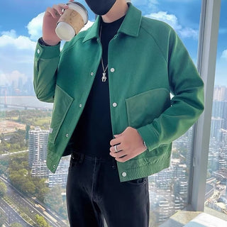 Twill Green Coat Lapel Pu Handsome Jacket - Phosgene