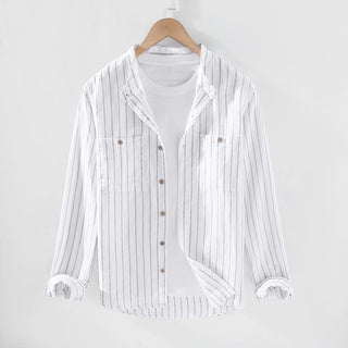 Stripe Double Pocket Chinese Style Stand Collar Casual Cotton Linen Long Sleeve Blouse Phosgene