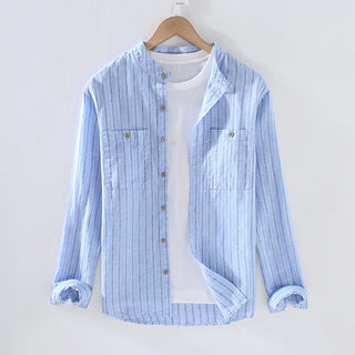 Stripe Double Pocket Chinese Style Stand Collar Casual Cotton Linen Long Sleeve Blouse Phosgene