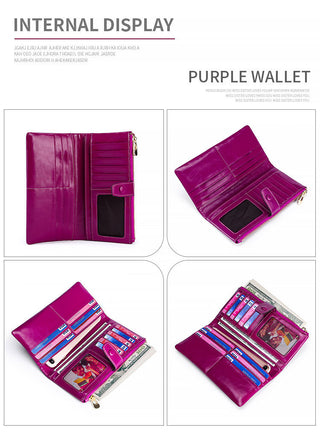 Women's Real Leather Long Multiple Card Slots Hand-held Retro Oil Wax Skin Coin Purse - Phosgene