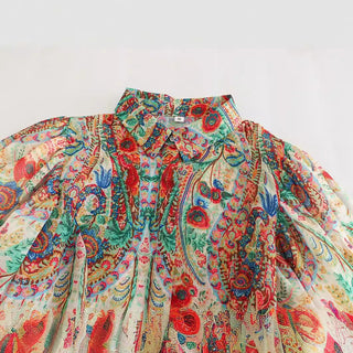 Lapel Print Chiffon Puff Sleeve Shirt - Phosgene