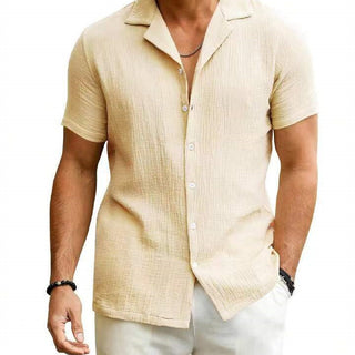 Men's Daily Casual Short Sleeve Cardigan Shirt Men's Solid Color Summer Lapels Shirt Phosgene