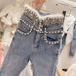 High Rise Single Breasted Jeans With Beads And Wool Stitching - Phosgene