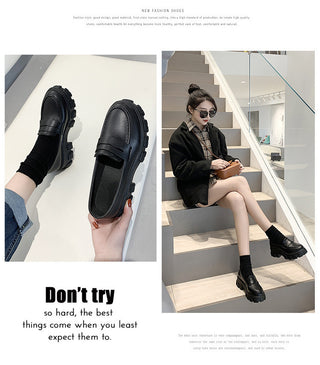 Women's Thick Heel Versatile Black Small Leather Shoes - Phosgene