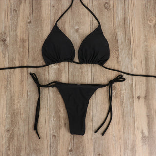 2pcs Halterneck Lace-up Bikini Women Summer Solid Color Sexy Split Strap Adjustable Swimsuit Suit - Phosgene