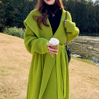 Green Alpaca Wool Sweater Coat Thickened Loose Knitted Cardigan Knitwear Handmade Clothing Hand Knit, Womens Clothing - Phosgene