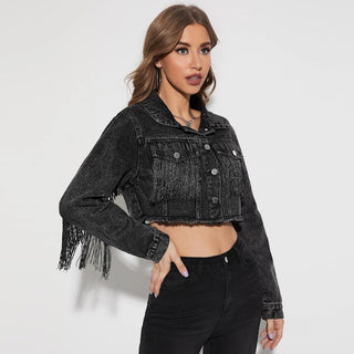 Women's Fashionable Fringed Stitching Distressed Denim Jacket - Phosgene