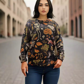 Halloween Sweater Skull Pumpkin Print Long Sleeve Loose - Phosgene