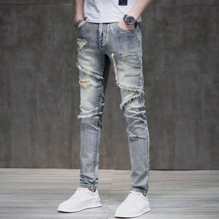 Distressed Raw Hem Ripped Stitching Stretch Denim Trousers Phosgene