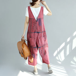 Printed Worn Looking Washed-out Big Crotch Ninth Plus Size Stitching Denim Suspender Pants - Phosgene