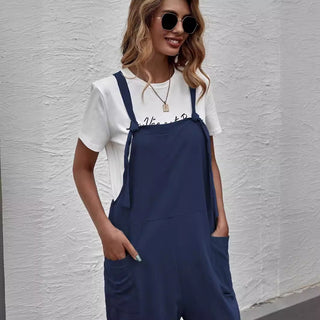 Fashion Solid Color Loose Pockets Wide Leg Jumpsuit - Phosgene