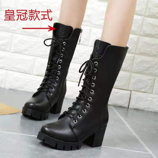 Thick Bottom Increased By Lace-up Booties All-match Middle Tube Motorcycle Boots - Phosgene