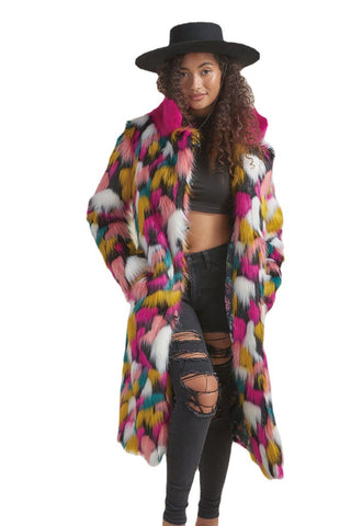 Women's Rainbow Fur Collar Imitation Fur Mid-length Coat - Phosgene