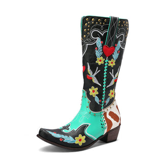 Denim Western Shoes Women's Leather Boots Exquisite Embroidery - Phosgene