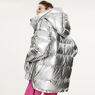 Couples Laser Glossy Thickened Loose Mid Length Down Jacket - Phosgene