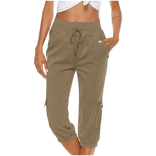 Women's Cropped Pants Cotton Linen Cargo Pocket Casual Pants - Phosgene