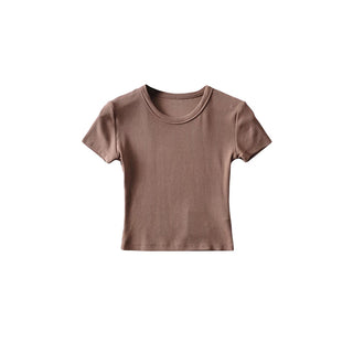 Basic Style Round Neck Tight Stretch Solid Color Short Sleeve T-shirt Top - Phosgene