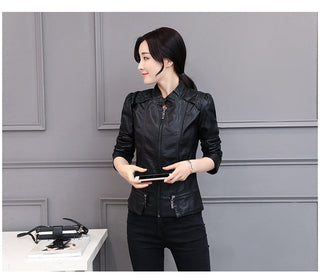 New Spring And Autumn Korean Style Motorcycle Stand-up Collar Slim Fit Slimming Leather Coat - Phosgene