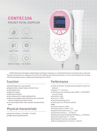 Pocket Fetal Doppler Digits Curve Display Pregnancy Baby Heart Rate Monitor,3Mhz Pink Phosgene